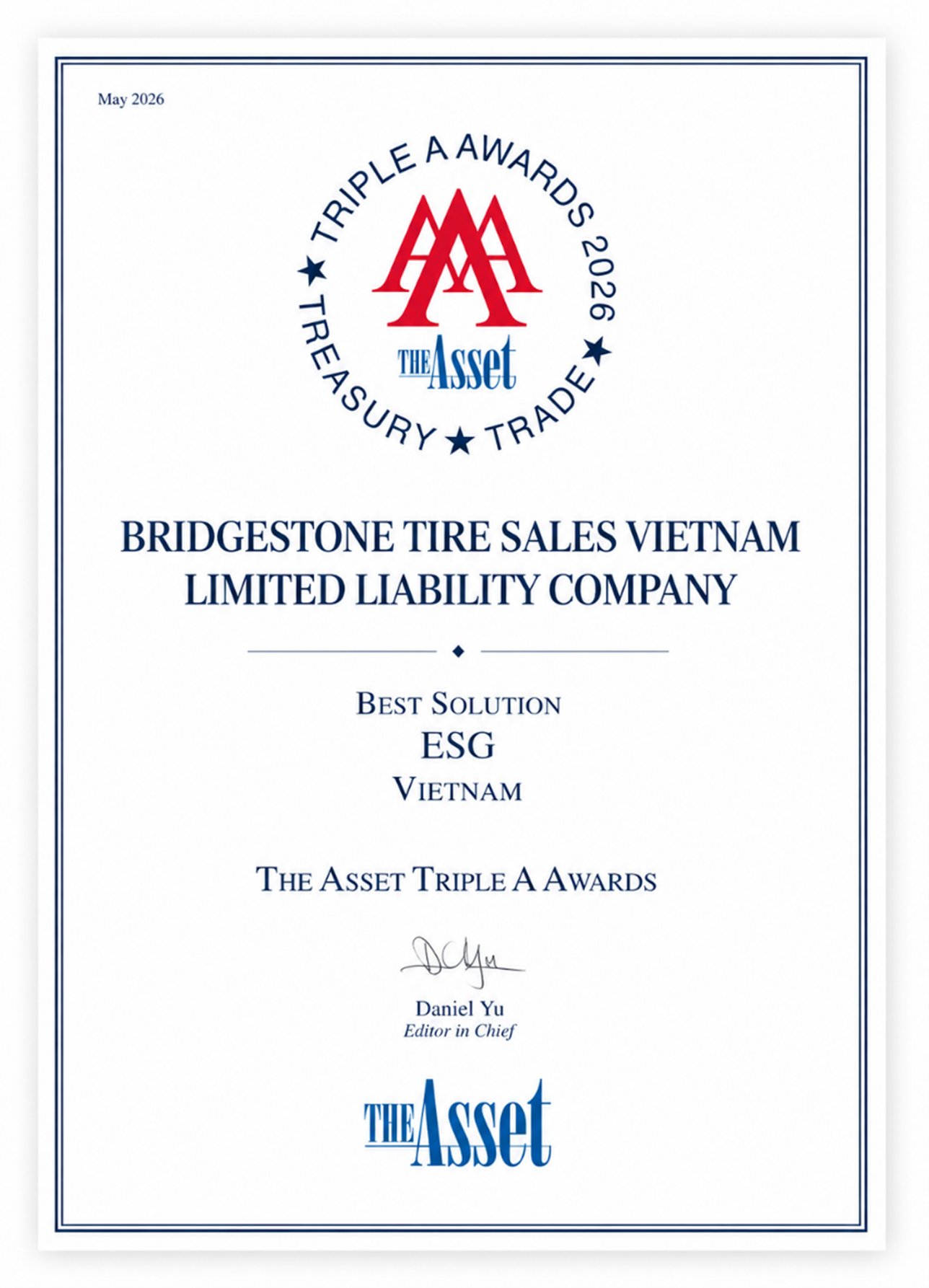 Bridgestone Việt Nam được vinh danh Best ESG Solution – Vietnam